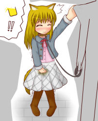 Rule 34 | !, !!, 1boy, 1girl, ^^^, animal ears, arm up, between legs, blonde hair, blue jacket, blush, boots, brown footwear, closed eyes, clothes tug, collar, dog ears, dog tail, embarrassed, flat chest, full body, grey skirt, hand between legs, have to pee, holding, inatoto, jacket, leash, long hair, long sleeves, neck ribbon, nose blush, original, outstretched arm, peeing, peeing self, pigeon-toed, pink shirt, plaid, plaid skirt, pleated skirt, red ribbon, ribbon, shirt, skirt, solo focus, speech bubble, standing, tail, tears, trembling, urine meter, wet, wet clothes