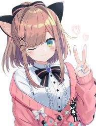 Rule 34 | 1girl, ;3, animal ear fluff, animal ears, black bow, blue nails, blush, bow, breasts, brooch, brown hair, cardigan, center frills, closed mouth, collared shirt, commentary request, frills, green eyes, hair bow, hair intakes, hair ornament, hairclip, hand up, heart, high ponytail, jewelry, kemonomimi mode, kuhotaka, long sleeves, looking at viewer, nail polish, nijisanji, one eye closed, pink cardigan, ponytail, shirt, simple background, sleeves past wrists, small breasts, solo, striped, striped bow, suzuhara lulu, upper body, virtual youtuber, white background, white shirt, x hair ornament