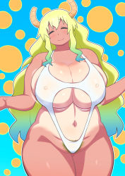 Rule 34 | 1girl, bare arms, bare legs, bare shoulders, blush, bouncing breasts, breasts, cleavage, closed mouth, collarbone, cowboy shot, curvy, covered erect nipples, closed eyes, female pubic hair, groin, happy, highres, horns, huge breasts, impossible clothes, kobayashi-san chi no maidragon, legs, long hair, motion lines, multicolored hair, navel, one-piece tan, plump, pubic hair, lucoa (maidragon), simple background, smile, solo, standing, swimsuit, tan, tanline, tetrodotoxin, thick thighs, thighs, wide hips