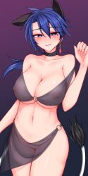 Rule 34 | 1girl, alternate costume, alternate hair length, alternate hairstyle, animal ears, bare shoulders, blue eyes, blue hair, blush, breasts, choker, cleavage, closed mouth, collarbone, covered erect nipples, cowboy shot, doremy sweet, earrings, hair between eyes, heart, heart-shaped pupils, highres, jewelry, kuroba rapid, large breasts, long hair, looking at viewer, matching hair/eyes, navel, o-ring, o-ring bottom, o-ring top, pussy, revealing clothes, sarong, see-through, single earring, smile, solo, stomach, symbol-shaped pupils, tail, tapir ears, tapir tail, touhou, uncensored, underboob