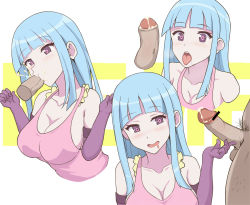 Rule 34 | 1girl, bar censor, bare shoulders, blue hair, blunt bangs, blush, breasts, censored, cleavage, clothed female nude male, collarbone, cum, cum in mouth, disembodied penis, dress, drooling, ejaculation, elbow gloves, fellatio, gloves, highres, large breasts, long hair, male pubic hair, me!me!me!, meme (me!me!me!), nude, open mouth, oral, penis, pink dress, pink pupils, pointless censoring, pubic hair, purple eyes, purple gloves, saliva, sideboob, sidelocks, smegma, solo focus, tongue, tongue out, verseir 001