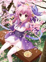 Rule 34 | 1girl, bench, blush, bug, butterfly, candy, cherry blossoms, dango, dress, food, hair ornament, hair ribbon, hanami, highres, insect, long hair, open mouth, outstretched arm, petals, pink eyes, pink hair, plate, ribbon, sangokushi taisen, shiramori yuse, sitting, solo, thighhighs, wagashi, white thighhighs, xiao qiao