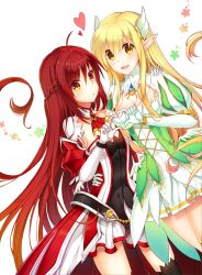 Rule 34 | 2girls, :d, black legwear, blonde hair, breasts, brown eyes, choker, cleavage, cleavage cutout, clothing cutout, collarbone, dutch angle, elbow gloves, elesis (elsword), elsword, floating hair, gloves, hair ornament, hand on another&#039;s hip, hand on another&#039;s shoulder, long hair, maydream, medium breasts, miniskirt, multiple girls, open mouth, parted lips, pleated skirt, pointy ears, red hair, rena erindel, shiny clothes, skirt, smile, standing, thighhighs, very long hair, white background, white gloves, white skirt, yellow eyes