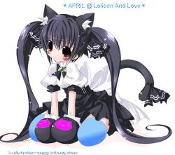 Rule 34 | 1girl, animal ears, animal hands, black hair, blush, cat ears, cat tail, gloves, lolicon lover, long hair, long twintails, lowres, puffy short sleeves, puffy sleeves, short sleeves, simple background, solo, tail, thighhighs, twintails, very long hair, white background