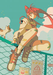 Rule 34 | 1girl, :|, arm cutout, arm rest, bandaid, bandaid on knee, bandaid on leg, blue sky, boots, brown footwear, calico, cat, chain-link fence, closed mouth, cloud, cloudy sky, cowlick, crop top, cross-laced footwear, crossed bandaids, day, earrings, expressionless, fence, floating hair, from below, full body, green sailor collar, hair between eyes, highres, jacket, jewelry, knee up, long hair, long sleeves, looking at viewer, neck ribbon, on fence, original, outdoors, puffy sleeves, red eyes, red hair, red ribbon, ribbon, sailor collar, shorts, sidelocks, sign, sitting on fence, sky, solo, tenteko mai51, twintails, very long hair, warning sign, white jacket, white shorts, wind