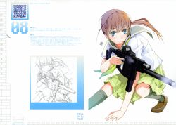 Rule 34 | 1girl, absurdres, fuyuno haruaki, gun, highres, qr code, school uniform, sketch, submachine gun, fuyuno haruaki, weapon