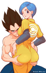 Rule 34 | 1boy, 1girl, allen skies, annoyed, ass, ass grab, bare shoulders, black eyes, black hair, blue eyes, blue hair, blush, breast press, breasts, bulma, deep skin, dragon ball, dragon ball super, earrings, face to breasts, grabbing, hand on own hip, highres, huge ass, jewelry, jumpsuit, light smile, lips, lipstick, looking at viewer, looking back, makeup, medium breasts, muscular, muscular male, nail polish, one eye closed, patreon username, shiny skin, short hair, simple background, twitter username, vegeta, white background, yellow jumpsuit