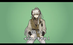 Rule 34 | 1girl, arknights, brown eyes, brown jacket, brown shirt, english text, green background, grey hair, grey pants, highres, horns, jacket, just do it (meme), letterboxed, long hair, long sleeves, looking at viewer, meme, open mouth, pants, ponytail, saria (arknights), senjou no pentsu, shirt, simple background, solo, translation request, very long hair