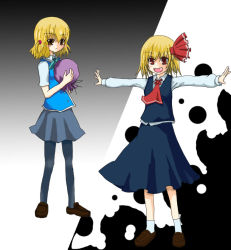 Rule 34 | 2girls, blonde hair, child, crossover, d-frag!, embodiment of scarlet devil, fang, gradient background, hair ribbon, hands up, look-alike, looking at viewer, multiple girls, neck ribbon, open mouth, pantyhose, red eyes, ribbon, rumia, school uniform, shibasaki roka, short hair, short twintails, skirt, smile, standing, touhou, twintails