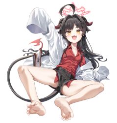 Rule 34 | 1girl, ahoge, bare legs, barefoot, black hair, black horns, black shorts, black tail, blue archive, blush, coat, collared shirt, demon horns, feet, hair intakes, highres, horns, kasumi (blue archive), legs, long hair, looking at viewer, mono (mono mon), open mouth, red shirt, shirt, shirt tucked in, shorts, sleeves past fingers, sleeves past wrists, smile, soles, solo, tail, toenails, toes, white coat, yellow eyes
