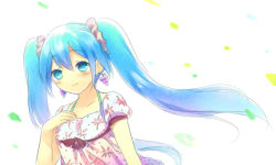 Rule 34 | 1girl, alternate costume, aqua hair, blue eyes, blue hair, blush, bra strap, casual, closed mouth, collarbone, dress, earrings, eyebrows, floating hair, floral print, food, food-themed earrings, fruit, grapes, hair ornament, hair scrunchie, halterneck, hamamo, hand on own chest, hatsune miku, jewelry, leaf, long hair, matching hair/eyes, red ribbon, ribbon, scrunchie, short sleeves, smile, solo, twintails, upper body, vocaloid, white background, wind