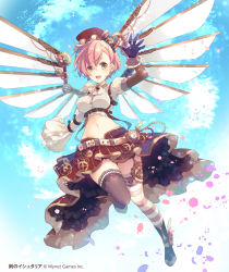 Rule 34 | 1girl, age of ishtaria, asymmetrical clothes, asymmetrical legwear, asymmetrical sleeves, blush, breasts, brown hair, copyright notice, gears, gloves, green eyes, hat, jonejung, looking at viewer, mechanical wings, medium breasts, midriff, mismatched legwear, mismatched sleeves, navel, official art, open mouth, single glove, solo, thighhighs, wings