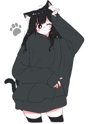 Rule 34 | 1girl, ahoge, animal ears, black eyes, black hair, black hoodie, black shorts, blush, bright pupils, cat ears, cat girl, cat tail, commentary request, eyelashes, hand on own head, highres, hood, hoodie, light smile, long hair, looking at viewer, megateru, messy hair, one eye closed, original, oversized clothes, shorts, simple background, skindentation, sleeves past wrists, smile, tail, tareme, thighhighs, white background, white pupils, zettai ryouiki