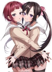 Rule 34 | 2girls, asymmetrical docking, blazer, blue eyes, blush, bow, breast press, breasts, brown eyes, brown hair, brown skirt, cheek-to-cheek, chigusa minori, commentary request, corrupted twitter file, flat chest, hair between eyes, hair bow, heads together, highres, hime cut, jacket, large breasts, long hair, long tail, multiple girls, original, plaid, plaid skirt, pleated skirt, red hair, ribbon, school uniform, shirt, short hair, skirt, striped, striped bow, tail, thighhighs, uniform, white shirt, yuri, zettai ryouiki