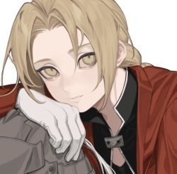 Rule 34 | 2boys, alphonse elric, arm rest, blonde hair, braid, braided ponytail, brothers, cbow, edward elric, fullmetal alchemist, gloves, light smile, long hair, looking at viewer, male focus, multiple boys, parted lips, siblings, silver trim, simple background, solo focus, upper body, white background, white gloves, yellow eyes