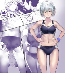 Rule 34 | 1boy, 1girl, :&lt;, :d, ^^^, ^ ^, adjusting clothes, angry, annoyed, ass, bare arms, bare shoulders, breasts, cafe au lait (kafeore), clenched teeth, closed eyes, closed mouth, collarbone, comic, commentary request, cowboy shot, fate/grand order, fate (series), from behind, gluteal fold, hand on own cheek, hand on own face, hands on own hips, jeanne d&#039;arc (fate), jeanne d&#039;arc (ruler) (fate), jeanne d&#039;arc alter (avenger) (fate), jeanne d&#039;arc alter (fate), legs apart, looking at viewer, looking to the side, lower body, navel, o o, open mouth, orange eyes, partially colored, shaded face, short hair, silver hair, small breasts, smile, speech bubble, spoken object, stained clothes, stomach, sweat, sweat stain, sweatband, teeth, thighs, track uniform