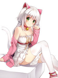 Rule 34 | 1girl, 3.14, animal ears, bell, blush, cat ears, cat tail, choker, clothes between thighs, cropped, dress, fang, fang out, green eyes, hair ornament, jacket, jingle bell, leg up, long hair, looking at viewer, neck bell, off shoulder, open clothes, open jacket, original, paw pose, silver hair, simple background, sitting, sleeves past wrists, smile, solo, strapless, strapless dress, tail, thighhighs, two side up, white background, white dress, white thighhighs