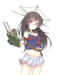 Rule 34 | 10s, 1girl, bad id, bad pixiv id, bare shoulders, belt, black gloves, brown hair, choukai (kancolle), glasses, gloves, hair ornament, hand on own hip, kantai collection, long hair, looking at viewer, midriff, neckerchief, pleated skirt, red eyes, sailor collar, sanuki (zigzagflamberge), skirt, solo, turret, white background, white skirt