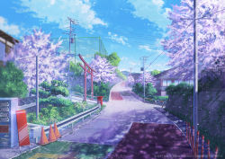 Rule 34 | artist name, blue sky, blurry, bush, chain-link fence, cherry blossoms, cloud, dappled sunlight, dated, day, depth of field, fence, flower, hill, house, niko p, no humans, original, outdoors, plant, power lines, railing, road, scenery, shadow, sky, spring (season), street, sunlight, torii, traffic cone, tree, utility pole, vanishing point, vending machine, wall, watermark
