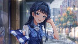 Rule 34 | 1girl, artist request, black hair, blue eyes, blush, collared shirt, handkerchief, holding, idolmaster, idolmaster million live!, idolmaster million live! theater days, long hair, looking at viewer, mogami shizuka, official art, open mouth, outdoors, rain, shirt, short sleeves, sky, smile, solo, tree, wet, wet clothes, wet hair, white shirt