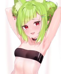 Rule 34 | 1girl, :d, animal ear fluff, animal ears, armpits, arms behind head, arms up, bandaid, bandaid on face, bandaid on forehead, bandeau, black choker, blush, breasts, choker, commentary, delutaya, diagonal bangs, double bun, fang, green hair, gris swimsuit, hair bun, hair ornament, hairclip, hoshi usagi, indie virtual youtuber, looking at viewer, meme attire, open mouth, red eyes, short eyebrows, short hair, simple background, small breasts, smile, solo, sweat, swimsuit, upper body, virtual youtuber, white background