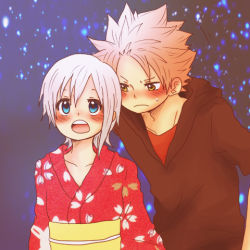 Rule 34 | 1boy, 1girl, animal print, black shirt, blue eyes, blush, breasts, brown eyes, cherry blossom print, cherry blossoms, closed mouth, collarbone, facing another, facing viewer, fairy tail, floral print, hair between eyes, height difference, hetero, hood, hoodie, japanese clothes, kimono, lisanna strauss, long sleeves, looking at another, looking up, lowres, medium breasts, multicolored clothes, multicolored kimono, natsu dragneel, night, obi, open mouth, petals, pink hair, puuma (pixiv1277374), rabbit, rabbit print, red kimono, red shirt, sash, shirt, short hair, sky, spiked hair, standing, star (sky), starry sky, sweat, sweatdrop, upper body, white hair, white kimono, wide sleeves, yellow eyes