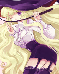 Rule 34 | 00s, 1girl, bad id, bad pixiv id, blonde hair, bow, bowtie, breasts, dress shirt, garter straps, hat, lace, lace-trimmed legwear, lace trim, large breasts, lilith (yamibou), long hair, long sleeves, looking at viewer, miniskirt, one eye closed, pencil skirt, puffy long sleeves, puffy sleeves, purple eyes, shirt, shuu (shu-nm), simple background, skirt, solo, thighhighs, very long hair, whip, wink, witch hat, yami to boushi to hon no tabibito, zettai ryouiki