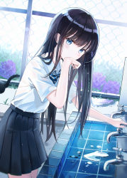 Rule 34 | 1girl, black hair, black skirt, blue bow, blue eyes, blue neckwear, blurry, blurry background, blush, bow, bowtie, cat, chain-link fence, collared shirt, commentary, cowboy shot, day, depth of field, diagonal stripes, faucet, fence, flower, hand to own mouth, highres, hydrangea, iren lovel, leaning forward, long hair, looking at viewer, original, outdoors, pleated skirt, puddle, purple flower, revision, school uniform, serafuku, shirt, shirt tucked in, short sleeves, skirt, solo, striped bow, striped bowtie, striped clothes, striped neckwear, very long hair, water, white shirt