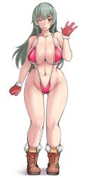 Rule 34 | 1girl, :p, aged up, bikini, boots, breasts, cleavage, curvy, full body, fur trim, gloves, groin, hyougintou, large breasts, long hair, naughty face, navel, one eye closed, original, red eyes, rozen maiden, shiny skin, silver hair, slingshot swimsuit, smile, solo, standing, swimsuit, thighs, tongue, tongue out, tsuda nanafushi, waving