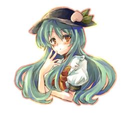 Rule 34 | 1girl, arm up, blue hair, blush, bow, bowtie, female focus, food, fruit, hat, heart, hinanawi tenshi, leaf, long hair, looking at viewer, outline, peach, puffy sleeves, red eyes, ribbon, simple background, solo, touhou, yutsuka, yutsuka (amyucca)