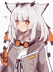 Rule 34 | 1girl, ?, arknights, armband, blush, commentary, criss-cross halter, expressionless, goggles, goggles around neck, grey jacket, halterneck, highres, jacket, looking at viewer, medium hair, nanatsuka, open clothes, open jacket, orange eyes, owl ears, ptilopsis (arknights), rhine lab logo, shirt, simple background, solo, upper body, white background, white hair, white shirt