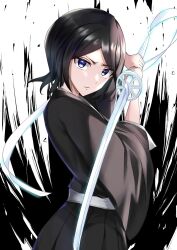 Rule 34 | 1girl, black hair, black kimono, bleach, chinese commentary, closed mouth, commentary request, fighting stance, highres, holding, holding sword, holding weapon, japanese clothes, katana, kimono, kuchiki rukia, looking at viewer, maya nishino, parted bangs, purple eyes, serious, shikai, shinigami, short hair, simple background, sode no shirayuki (shikai), solo, sword, weapon, wide sleeves