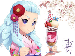 Rule 34 | 10s, 1girl, 2015, akeome, bad id, bad pixiv id, blue eyes, blue hair, blush, dessert, flower, food, fruit, hair flower, hair ornament, happinesscharge precure!, happy new year, hosshiwa, japanese clothes, kanzashi, kimono, long hair, looking at viewer, matching hair/eyes, mogiki hayami, new year, parfait, pinky out, precure, ringlets, smile, solo, spoon, strawberry, tsumami kanzashi