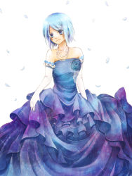 Rule 34 | 10s, 1girl, alternate costume, bell line gown, blue eyes, blue hair, dress, elbow gloves, female focus, flower, gloves, gown, jewelry, kaki39, mahou shoujo madoka magica, mahou shoujo madoka magica (anime), matching hair/eyes, miki sayaka, necklace, pearl necklace, plant, short hair, solo, white background