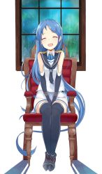 Rule 34 | 10s, 1girl, :d, ^ ^, between legs, black thighhighs, blue hair, chair, closed eyes, elbow gloves, closed eyes, full body, gloves, hand between legs, highres, kantai collection, long hair, monobe tsukuri, open mouth, samidare (kancolle), sitting, sleeveless, smile, solo, thighhighs, v arms, very long hair