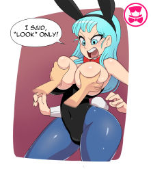 Rule 34 | 1girl, angry, animal ears, bare shoulders, black leotard, blue eyes, blue hair, blue pantyhose, blush, bow, bowtie, grabbing another&#039;s breast, breasts, bulma, cleavage, collar, covered navel, curvy, detached collar, dragon ball, earrings, english text, fake animal ears, grabbing, groping, hetero, highleg, highleg leotard, highres, jewelry, large breasts, leotard, lips, long hair, lying, matching hair/eyes, open mouth, pantyhose, playboy bunny, rabbit ears, rabbit tail, schpicy, shiny clothes, shiny skin, simple background, speech bubble, tail, wrist cuffs