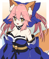 Rule 34 | 1girl, animal ear fluff, animal ears, bare shoulders, blue kimono, blue ribbon, blush, breasts, cleavage, detached sleeves, fate/extella, fate/extra, fate/extra ccc, fate (series), fox ears, fox girl, fox tail, hair ribbon, highres, japanese clothes, kimono, large breasts, looking at viewer, open mouth, pink hair, ribbon, solo, tail, tamamo (fate), tamamo no mae (fate/extra), yellow eyes, yoriteruru