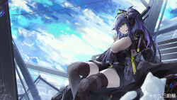 Rule 34 | 1girl, absurdres, arknights, black jacket, black thighhighs, blue sky, brown eyes, cat, cloud, commentary request, feet out of frame, framed breasts, grey shirt, gun, hand up, headset, highres, id card, jacket, jessica (arknights), jessica the liberated (arknights), jiusan naitang, knee pads, long hair, long sleeves, parted lips, ponytail, pouch, purple hair, shirt, single knee pad, sitting, sky, solo, thighhighs, weapon, white cat