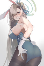 Rule 34 | 1girl, absurdres, animal ears, asuna (blue archive), asuna (bunny) (blue archive), bare shoulders, blue archive, blue eyes, blue leotard, blue ribbon, breasts, brown pantyhose, fake animal ears, gloves, hair over one eye, hair ribbon, halo, higa (gominami), highleg, highleg leotard, highres, large breasts, leotard, light brown hair, long hair, official alternate costume, pantyhose, playboy bunny, rabbit ears, ribbon, simple background, solo, strapless, strapless leotard, thighband pantyhose, white background, white gloves