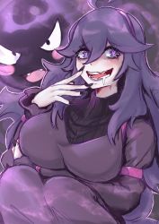 Rule 34 | 1girl, :d, @ @, ahoge, alternate breast size, armband, black eyes, black nails, black sweater, blush stickers, breast hold, breasts, creatures (company), dress, drooling, eyelashes, fangs, fingernails, furrowed brow, game freak, gastly, gen 1 pokemon, hair between eyes, hairband, hand up, heart, heart-shaped pupils, hex maniac (pokemon), highres, large breasts, lips, long fingernails, long fingers, long hair, long sleeves, looking at viewer, mouth drool, nail polish, nintendo, npc trainer, open mouth, outline, pokemon, pokemon (creature), pokemon xy, purple armband, purple background, purple dress, purple eyes, purple hair, purple hairband, purple lips, purple outline, purple wristband, ribbed sweater, smile, solid eyes, sweatdrop, sweater, symbol-shaped pupils, teeth, turtleneck, turtleneck sweater, vialnite, wavy mouth, wristband