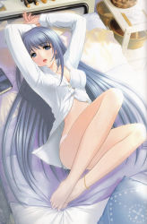 Rule 34 | 00s, 1girl, anklet, arms up, barefoot, bed, blue eyes, blue hair, book, breasts, cleavage, dress shirt, feet, from above, highres, jewelry, large breasts, legs, lips, lipstick, long hair, long legs, lying, makeup, matching hair/eyes, nanjou sayaka, non-web source, on back, open mouth, panties, pillow, pinup (style), private emotion, ripe, sano toshihide, shirt, solo, thighs, underwear, very long hair, white panties