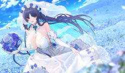 Rule 34 | 1girl, bare shoulders, blue hair, bouquet, braid, breasts, bug, butterfly, cleavage, detached sleeves, dress, field, flower, flower field, highres, huge breasts, insect, jewelry, long hair, looking at viewer, necklace, original, smile, solo, strapless, strapless dress, veil, wedding dress, xiujia yihuizi, yellow eyes
