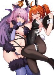 Rule 34 | 2girls, ;d, ahoge, animal ears, bare arms, bare shoulders, blue gloves, blue thighhighs, bottle, breasts, chaldea logo, cleavage, covered navel, elbow gloves, fake animal ears, fate/grand order, fate (series), fujimaru ritsuka (female), fur-trimmed gloves, fur-trimmed legwear, fur trim, gloves, hair ornament, hair scrunchie, highres, holding, holding tray, large breasts, leotard, light blush, looking at viewer, mash kyrielight, mash kyrielight (dangerous beast), multiple girls, navel, official alternate costume, one eye closed, open mouth, orange hair, pantyhose, pink hair, playboy bunny, purple eyes, purple gloves, purple tail, rabbit ears, rabbit tail, revealing clothes, scrunchie, short hair, side ponytail, sideboob, simple background, smile, stomach, sweat, tail, thighhighs, togo (korlsj1235), tray, white background, wolf ears, wolf tail, wrist cuffs, yellow eyes