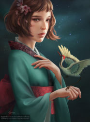 Rule 34 | 1girl, arms up, artist name, bad id, bad pixiv id, bird, bird on hand, brown hair, cherry blossoms, commentary, crane (animal), fingernails, flower, green eyes, hair flower, hair ornament, highres, japanese clothes, kimono, lips, long sleeves, looking at viewer, nose, original, pink flower, red lips, red sash, robusta mania, sash, solo, wide sleeves