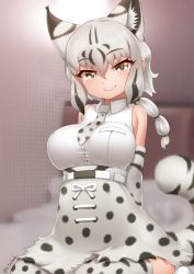 Rule 34 | 1girl, animal ears, animal print, arms behind back, bare shoulders, black hair, blurry, blurry background, bobcat (kemono friends), breast pocket, breasts, closed mouth, collared shirt, elbow gloves, extra ears, gloves, grey eyes, grey hair, hair between eyes, high-waist skirt, highres, indoors, kemono friends, long hair, looking at viewer, medium breasts, miniskirt, multicolored hair, necktie, pocket, ponytail, print gloves, print necktie, print skirt, print thighhighs, seiza, shirt, sitting, skirt, sleeveless, sleeveless shirt, smile, solo, tail, thighhighs, two-tone hair, white shirt, wing collar, yonkuron, zettai ryouiki