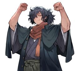 Rule 34 | 1boy, black hair, clenched hands, colombia pose, facial hair, fate/grand order, fate (series), hair over one eye, highres, japanese clothes, kimono, lack, male focus, okada izou (fate), orange eyes, ponytail, scarf, smile, solo, stubble, white background