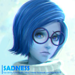 Rule 34 | 1girl, artist name, blue eyes, blue hair, blue skin, character name, colored skin, english text, glasses, inside out, juvia ho, looking at viewer, lowres, portrait, realistic, sad, sadness (inside out), short hair, solo, turtleneck, watermark, web address