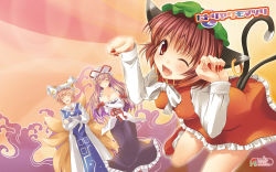 Rule 34 | 3girls, animal ears, breasts, brown hair, cat ears, cat girl, cat tail, chen, dress, earrings, elbow gloves, fang, female focus, fox ears, fox tail, gloves, gradient background, hat, highres, jewelry, large breasts, long hair, maki (seventh heaven maxion), multiple girls, multiple tails, one eye closed, paw pose, short hair, tail, touhou, translated, wallpaper, wink, yakumo ran, yakumo yukari