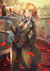 Rule 34 | 1girl, alcohol, black necktie, black pants, blonde hair, blurry, blurry background, blush, bottle, breasts, butler, collared shirt, cup, fate/grand order, fate (series), female butler, formal, gloves, green eyes, grin, hand in pocket, highres, holding, holding tray, indoors, jacket, light particles, long hair, looking at viewer, mordred (fate), mordred (fate/apocrypha), mordred (formal dress) (fate), necktie, ohako (ohako1818), pant suit, pants, petals, ponytail, red vest, shirt, sidelocks, smile, solo, stairs, standing, suit, tray, vest, white gloves, white shirt