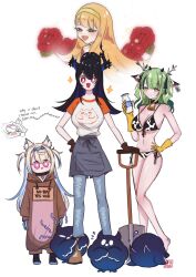 Rule 34 | 5girls, alternate costume, alternate hairstyle, asymmetrical horns, black hair, blue hair, bokujou monogatari, breasts, breath, ceres fauna, character request, colored inner hair, cow print, cow print bikini, demon horns, english text, flower, fuwawa abyssgard, gloves, hair ornament, highres, hololive, hololive english, horns, jailbird (nerissa ravencroft), large breasts, long hair, mamaprofennn, midriff, milk, mococo abyssgard, mole, mole under eye, multicolored hair, multiple girls, navel, nerissa ravencroft, ponytail, print bikini, red eyes, rose, simple background, solo, sweat, two-tone hair, uneven horns, virtual youtuber, white background, wiping sweat